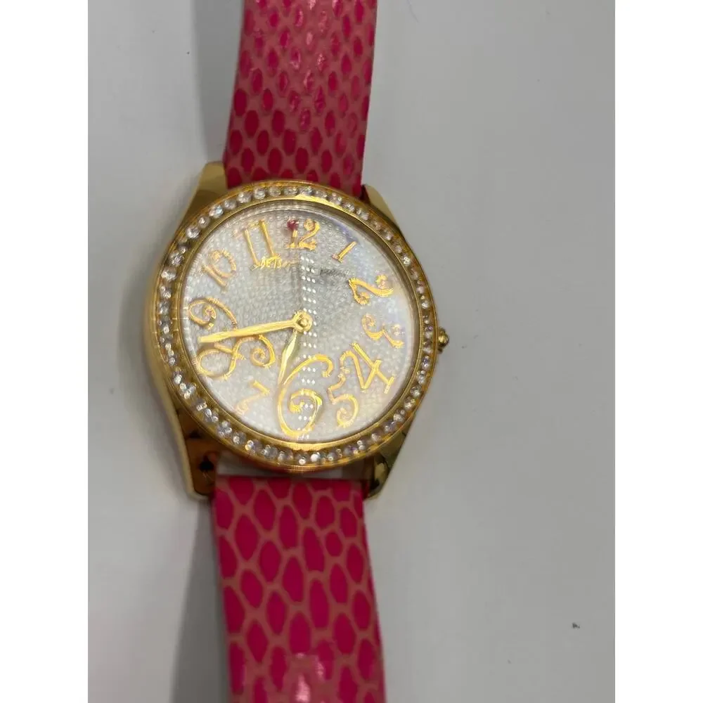 Betsey Johnson Pink‎ Band Gold Tone Rhinestone Watch BJ2161 40mm